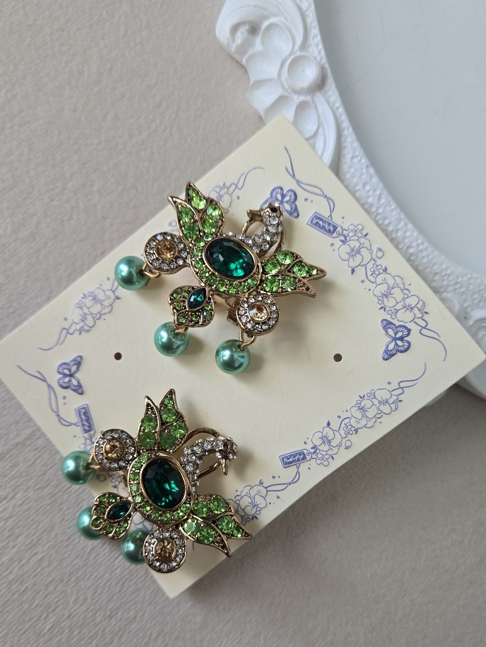 Stunning Green Crystal Swan Drop Earrings W/ Green Pearls, NWT